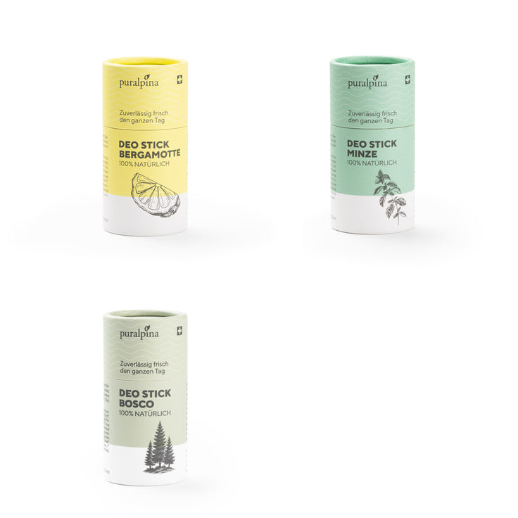 Drei verschiedene Deo Sticks: Bergamotte, Minze und Bosco
