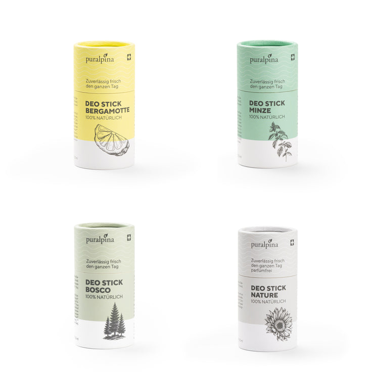 Vier verschiedene Deo Sticks: Bergamotte, Minze, Bosco und Nature