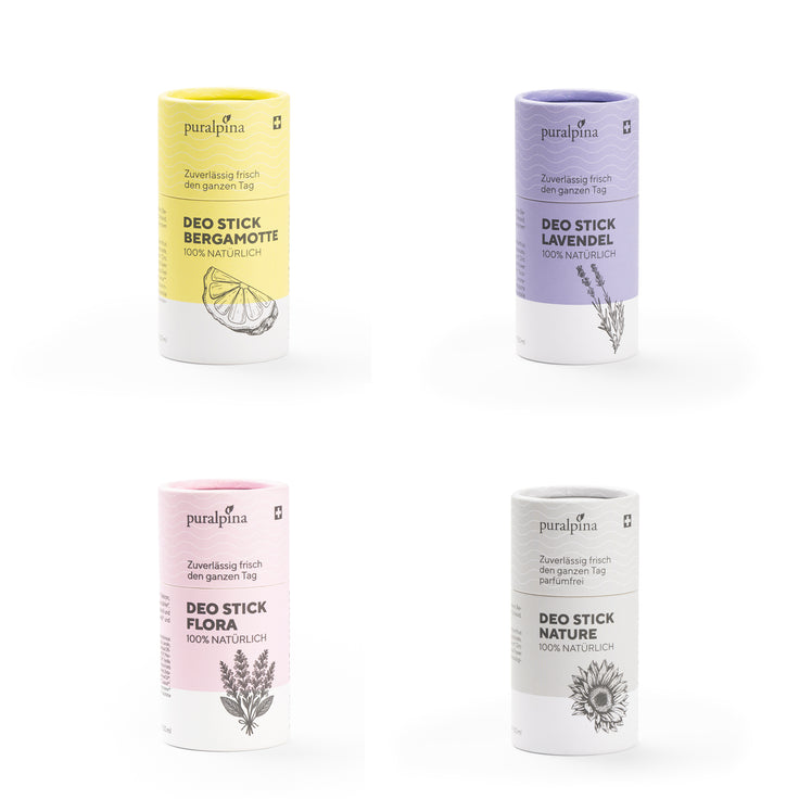 Vier verschiedene Deo Sticks: Bergamotte, Lavendel, Flora und Nature