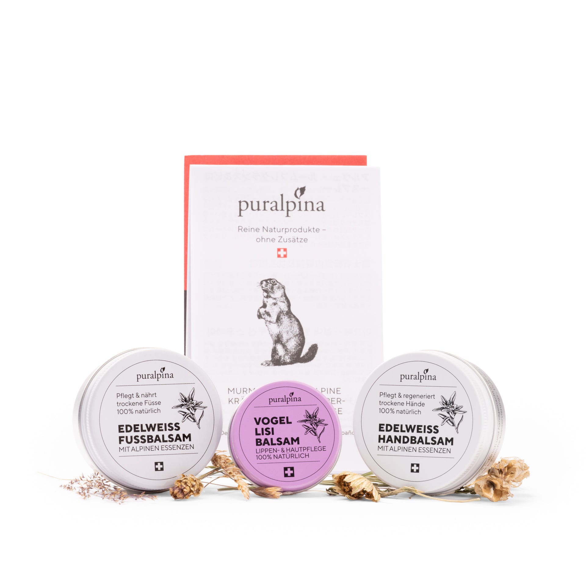 Puralpina Set Alpine Naturkosmetik mit Edelweiss Handbalsam, Edelweiss Fussbalsam und Vogellisi Balsam