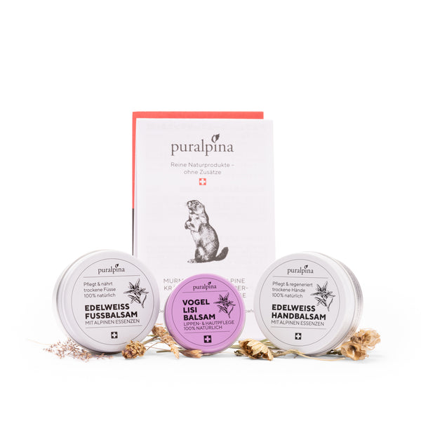Puralpina Set Alpine Naturkosmetik mit Edelweiss Handbalsam, Edelweiss Fussbalsam und Vogellisi Balsam
