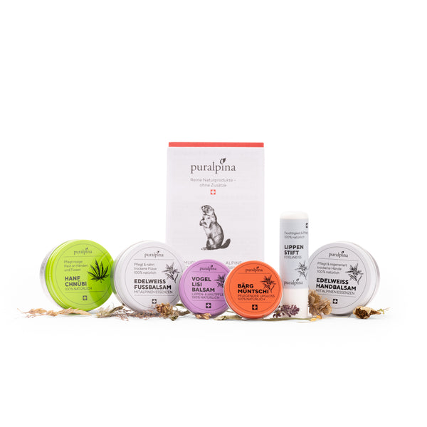 Puralpina Set Alpine Naturkosmetik gross mit Handbalsam, Fussbalsam, Hanf Chnübi, Vogellisi Balsam, Lippenstift und Bärgmüntschi Lipgloss