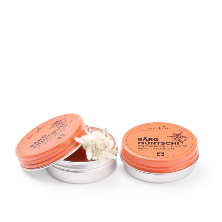 Bärgmüntschi  pflegender Lipgloss geöffnet mit Edelweiss von Puralpina