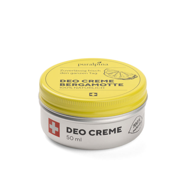 puralpina Deo Creme Bergamotte 50 ml in silberner Dose mit gelbem Deckel