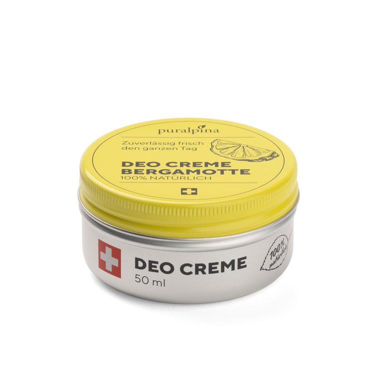 puralpina Deo Creme Bergamotte 50 ml in silberner Dose mit gelbem Deckel