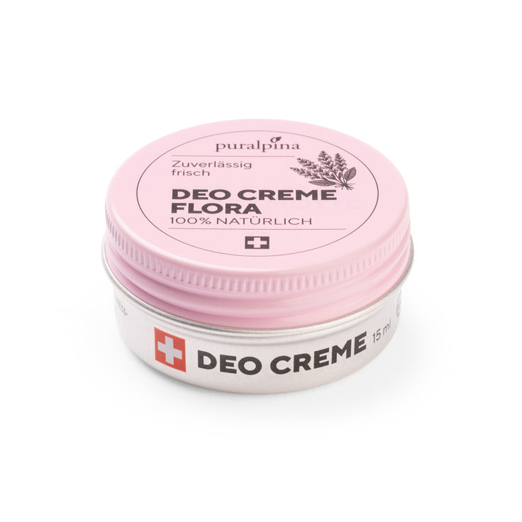 puralpina Deo Creme Flora 50 ml in rosa Dose geschlossen mit Blüten Illustration