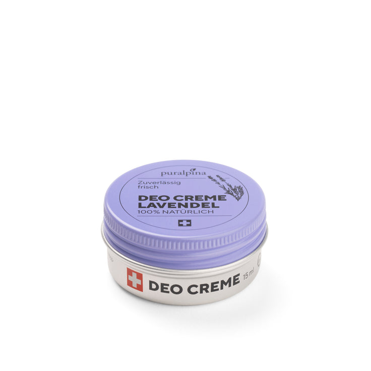 puralpina Deo Creme Lavendel 15 ml in silberner Dose mit violettem Deckel und Lavendel Illustration