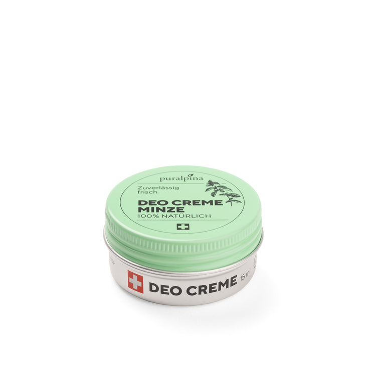 puralpina Deo Creme Minze 50 ml in silberner Dose mit grünem Deckel