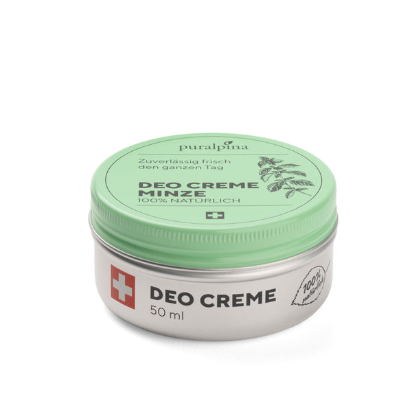 puralpina Deo Creme Minze 50 ml in silberner Dose mit grünem Deckel