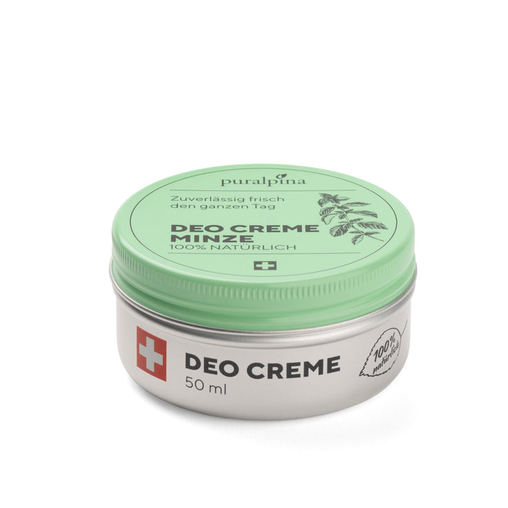 puralpina Deo Creme Minze 50 ml in silberner Dose mit grünem Deckel
