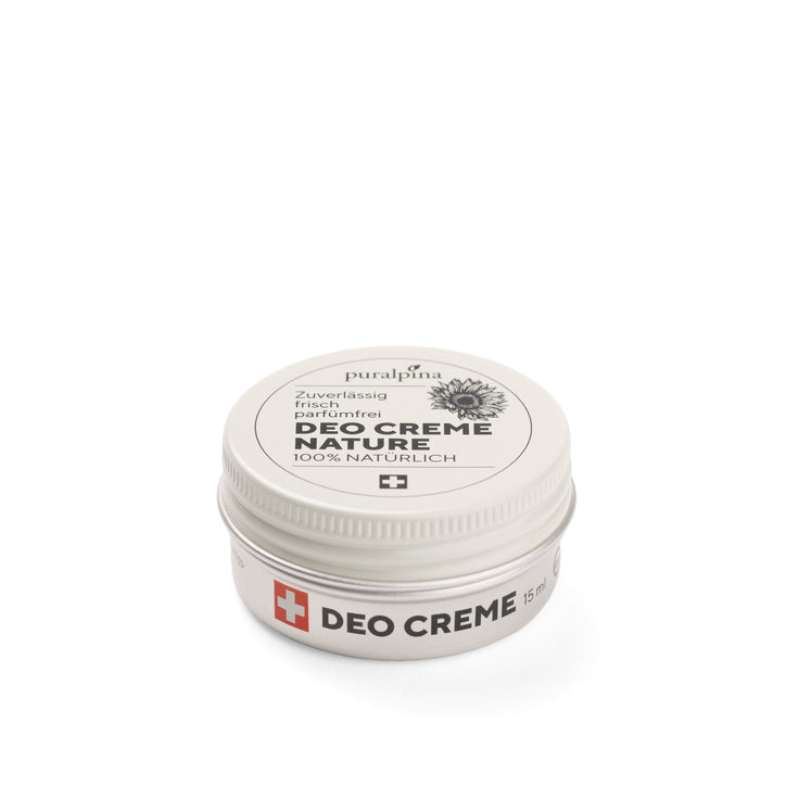 puralpina Deo Creme Nature 15 ml in silberner Dose mit weissem Deckel
