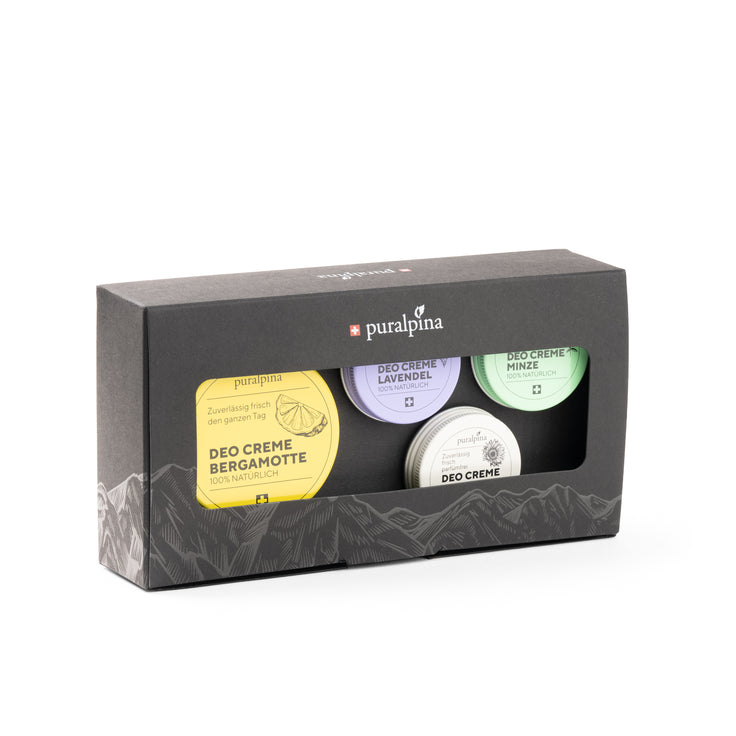 Puralpina Deo Creme Set mit Bergamotte, Lavendel, Minze und Nature in schwarzer Geschenkbox
