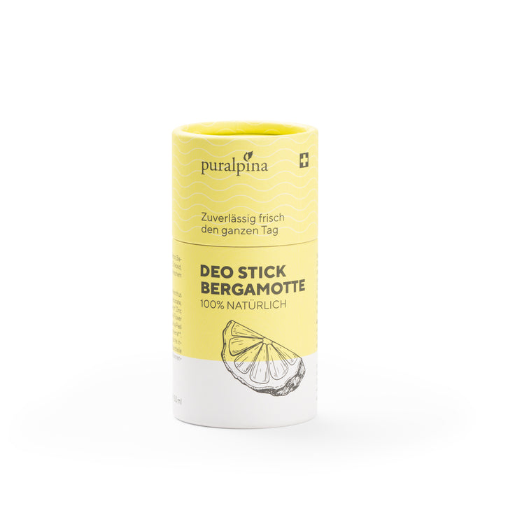 puralpina Deo Stick Bergamotte 50 ml in gelber Kartonhülle mit Bergamotte Illustration