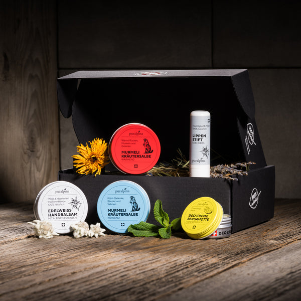 Puralpina Einsteiger Set mit Murmeli Kräutersalbe wärmend und kühlend, Edelweiss Handbalsam, Lippenstift und Deo Creme Bergamotte