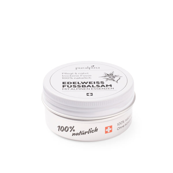 puralpina Edelweiss Fussbalsam 30 ml in silberner Dose mit weissem Deckel