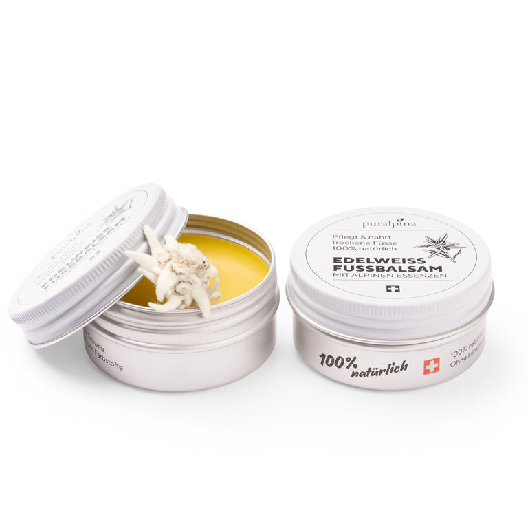 Geöffnete und geschlossene Dose puralpina Edelweiss Fussbalsam mit Edelweissblüte
