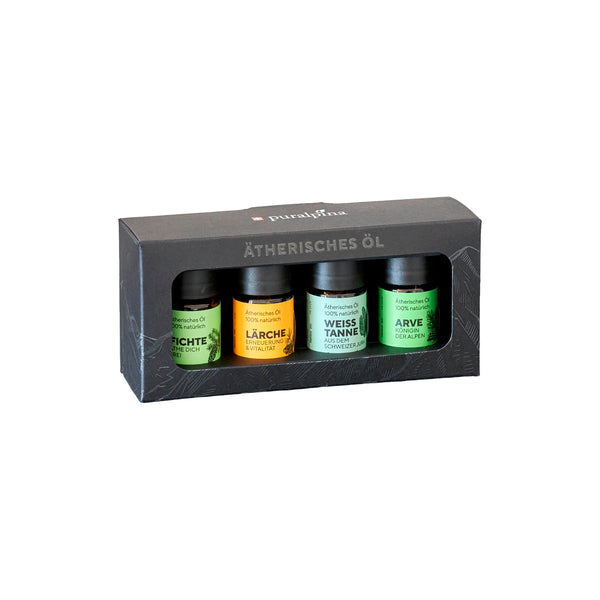 puralpina Geschenkset Waldduft, 4 x 5ml ätherische Öle Arve, Fichte, Weisstanne und Lärche, verpackt in einer schwarzen Geschenkbox