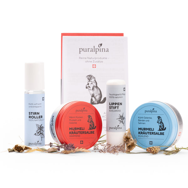 Puralpina Wander Set mit Stirnroller, Lippenstift und Murmeli Kräutersalben wärmend und kühlend