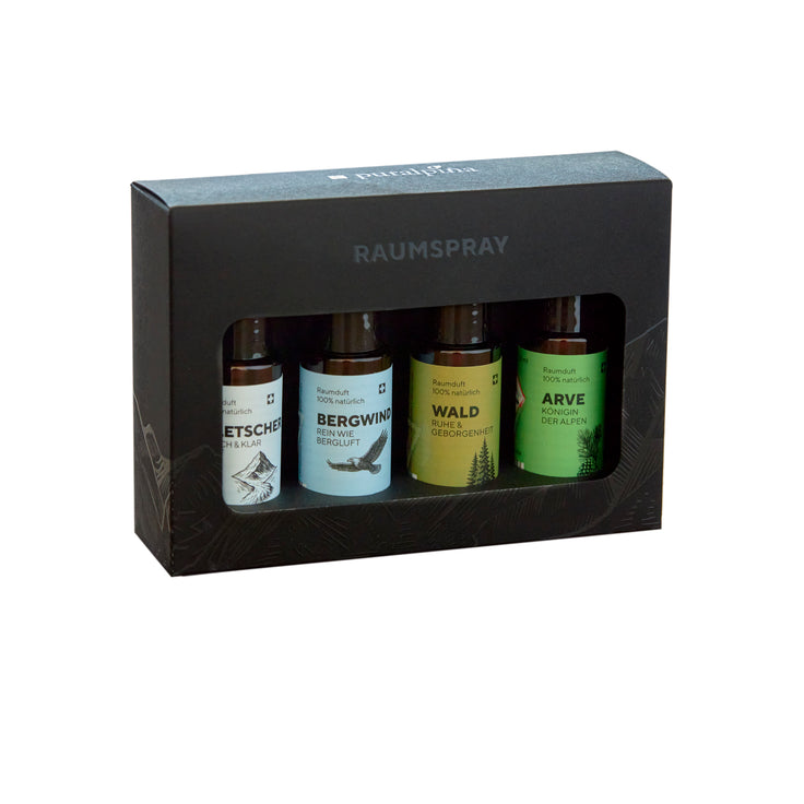 Mountain Freshness gift set with four room fragrances: Glacier, Mountain Wind, Forest and Swiss Stone Pine in black packaging