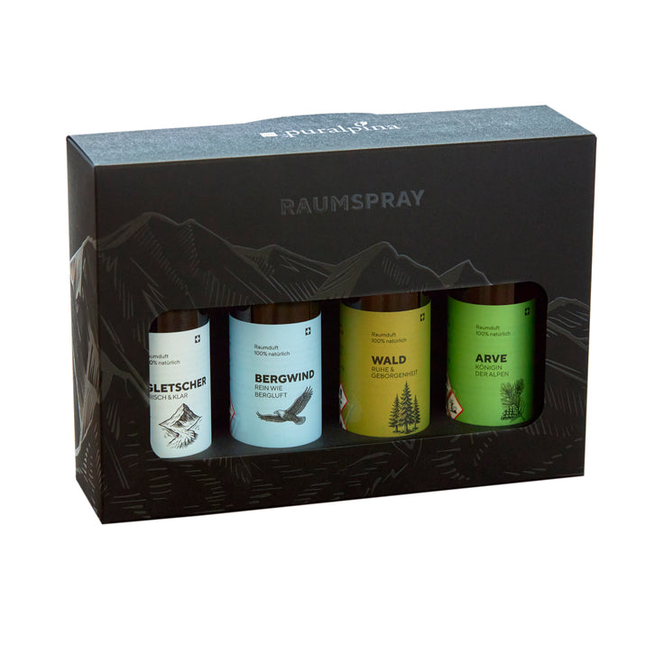 Geschenkset Bergfrische mit vier  Raumdüften Gletscher, Bergwind, Wald und Arve in schwarzer Verpackung