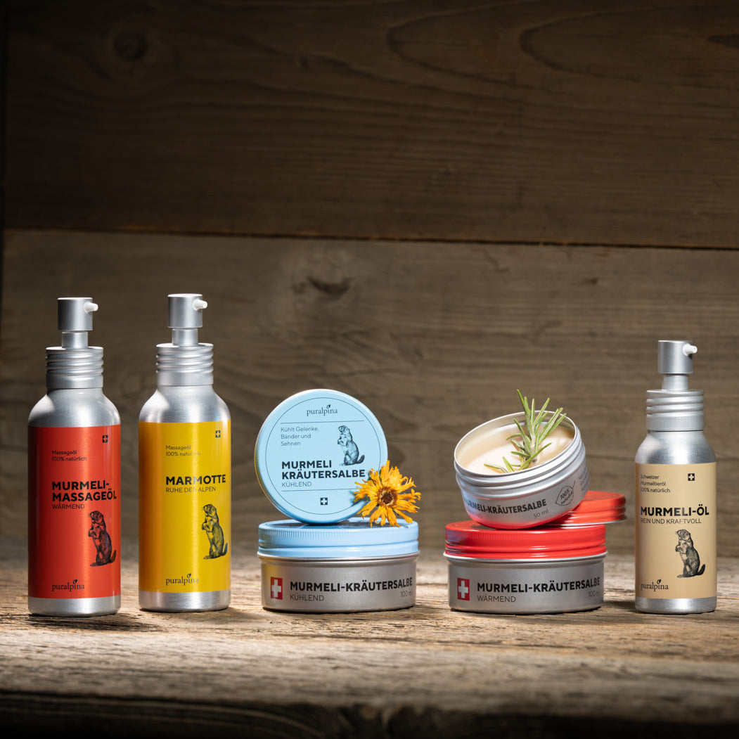 Product image: Range of products containing marmot oil (massage oils and ointments)