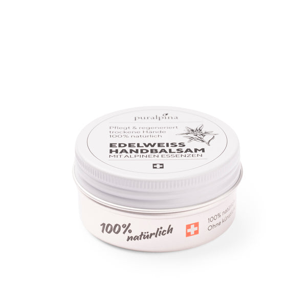 puralpina Edelweiss Handbalsam 30 ml in silberner Dose mit weissem Deckel