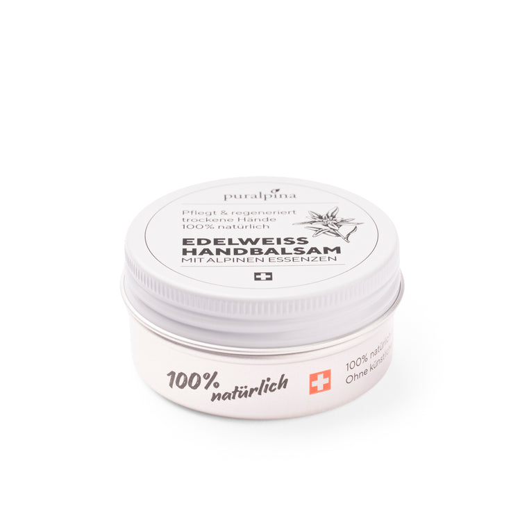 puralpina Edelweiss Handbalsam 30 ml in silberner Dose mit weissem Deckel