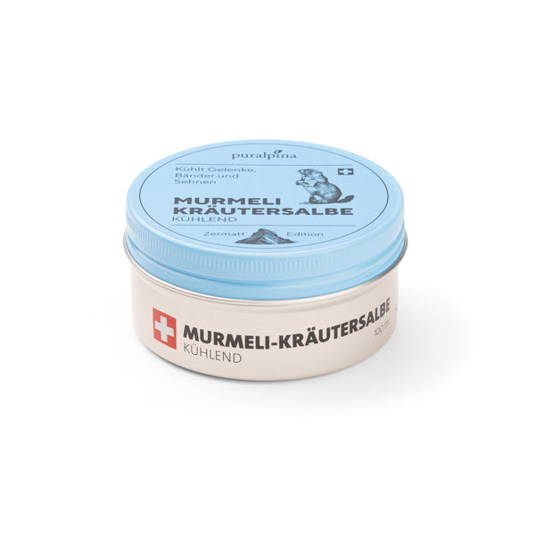 Murmeli-Kräutersalbe kühlend 100ml Sonderedition Zermatt – geschlossene Dose mit natürlichem Schweizer Murmeltieröl