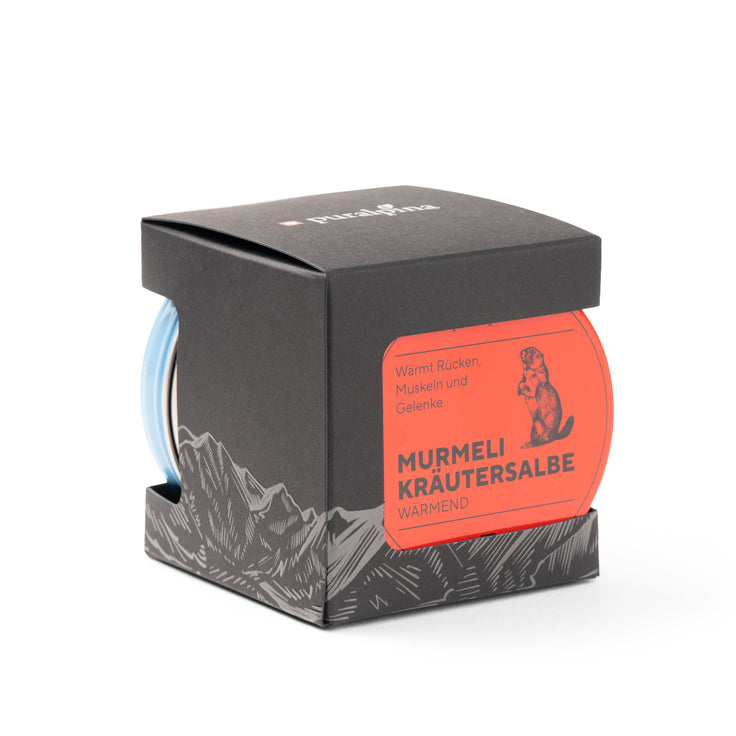 Murmeli Box gross von Puralpina mit wärmender und kühlender Murmeli Kräutersalbe je 100 ml