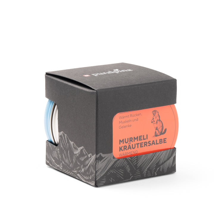 Murmeli Box klein von Puralpina mit wärmender und kühlender Murmeli Kräutersalbe je 50 ml
