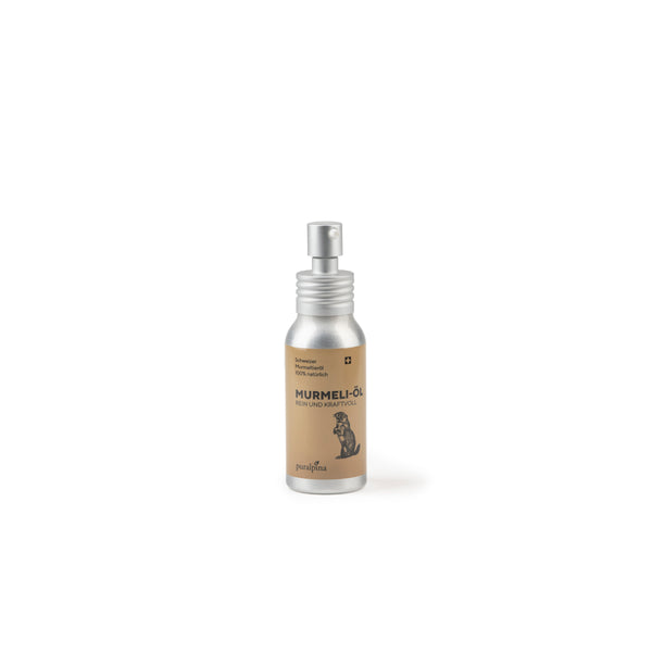 Puralpina Murmeli Öl 50 ml in silberner Sprühflasche mit braunem Etikett