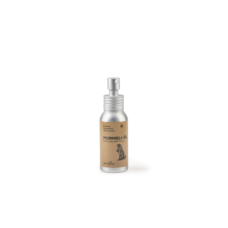 Puralpina Murmeli Öl 50 ml in silberner Sprühflasche mit braunem Etikett
