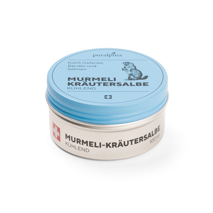 Murmeli-Kräutersalbe kühlend 100ml – geschlossene Dose mit natürlichem Schweizer Murmeltieröl