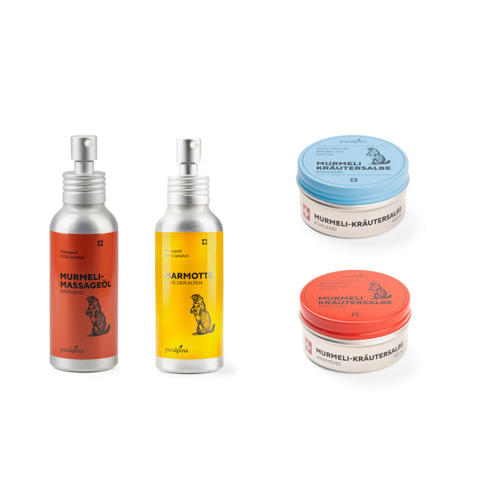 Vier Puralpina Murmeli Produkte mit zwei Massageölen und zwei Kräutersalben auf weissem Hintergrund
