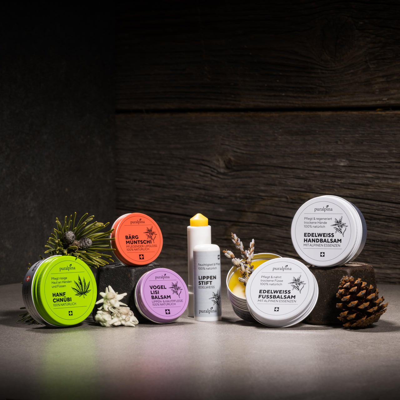 Alpine Naturkosmetik mit Hanf Chnübi, Bärgmüntschi, Vogellisi-Balsam, Lippenstift, Edelweiss Fuss- und Handbalsam