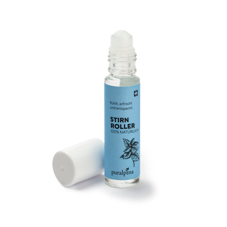Puralpina Stirnroller 10 ml mit blauem Etikett, weissem Deckel und Roll on Kugel