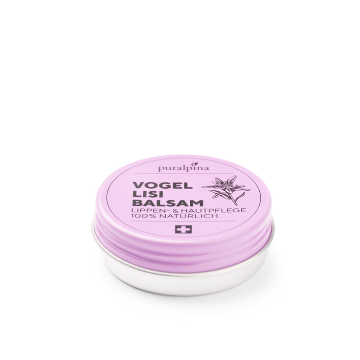 puralpina Vogellisi Balsam für Lippen und Hautpflege in silberner Dose mit violettem Deckel