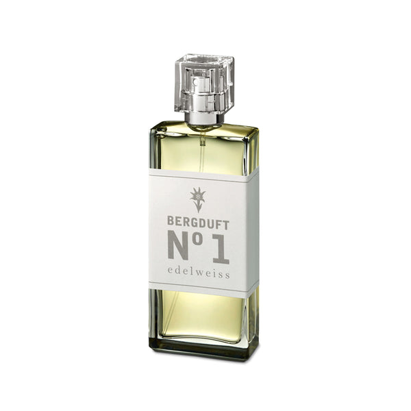 Bergduft No 1 Edelweiss Parfum in transparenter Glasflasche mit weissem Etikett