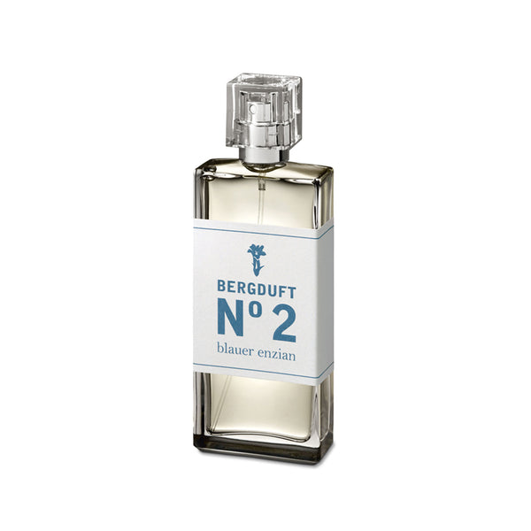 Bergduft No 2 Blauer Enzian Parfum in transparenter Glasflasche mit blauem Etikett