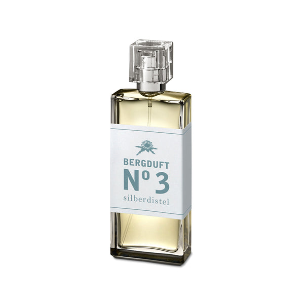 Bergduft No 3 Silberdistel Parfum in transparenter Glasflasche mit hellblauem Etikett