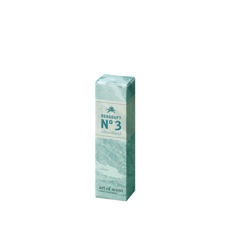 Bergduft No 3 Silberdistel Parfumverpackung von Art of Scent mit hellblauem Bergmotiv