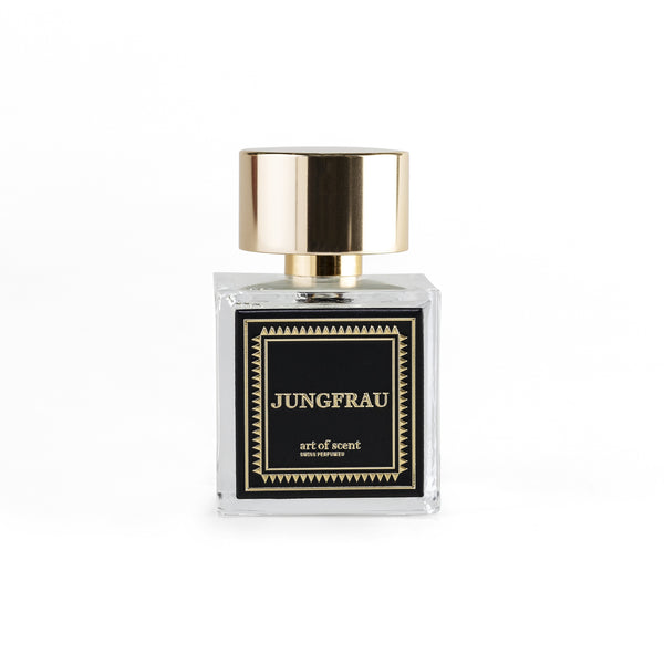 Jungfrau Eau de Parfum von Art of Scent in eckiger Glasflasche mit schwarzem Etikett und goldfarbenem Deckel