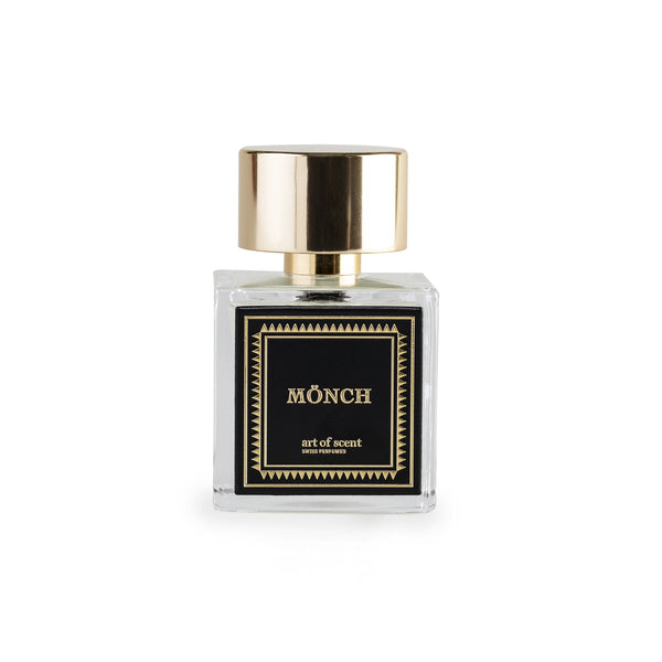 Mönch Eau de Parfum von Art of Scent in eckiger Glasflasche mit schwarzem Etikett und goldfarbenem Deckel