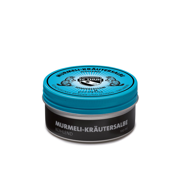 Murmeli-Kräutersalbe kühlend 100ml Sonderedition FC Thun – geschlossene Dose mit natürlichem Schweizer Murmeltieröl