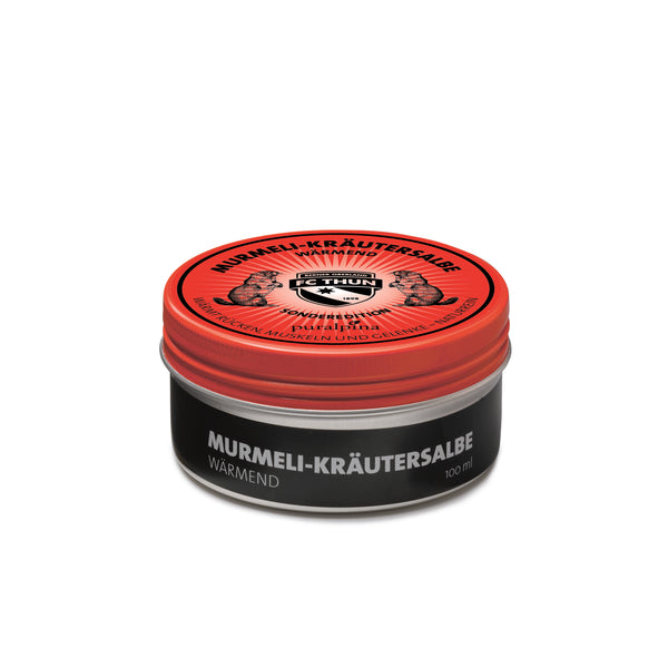 Murmeli-Kräutersalbe wärmend 100ml Sonderedition FC Thun – geschlossene Dose mit natürlichem Schweizer Murmeltieröl